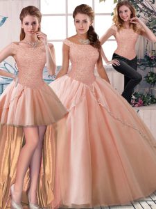 Peach Three Pieces Tulle Off The Shoulder Sleeveless Beading Lace Up Quinceanera Dresses Brush Train