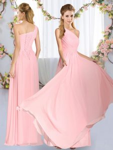 Sleeveless Floor Length Ruching Lace Up Vestidos de Damas with Baby Pink