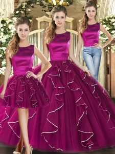 Tulle Scoop Sleeveless Lace Up Ruffles Sweet 16 Quinceanera Dress in Fuchsia