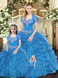 Designer Blue Tulle Lace Up Sweetheart Sleeveless Floor Length Ball Gown Prom Dress Beading and Ruffles