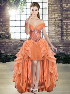 Unique Orange Tulle Lace Up Formal Dresses Sleeveless High Low Beading and Ruffles