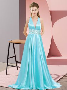 Trendy Backless Homecoming Dress Aqua Blue for Prom and Party with Beading Brush Train