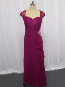 Perfect Fuchsia Chiffon Zipper Sweetheart Cap Sleeves Floor Length Beading and Lace and Appliques