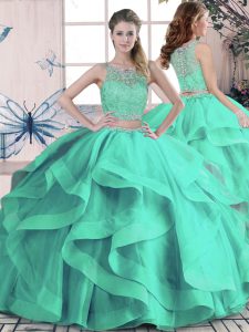Perfect Turquoise Two Pieces Scoop Sleeveless Tulle Floor Length Lace Up Beading and Ruffles Quinceanera Gowns