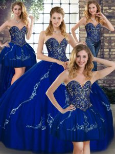 Edgy Royal Blue Lace Up Quince Ball Gowns Beading and Embroidery Sleeveless Floor Length