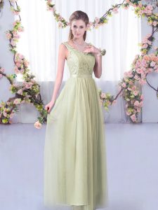 Popular Lace and Belt Dama Dress for Quinceanera Yellow Green Side Zipper Sleeveless Floor Length