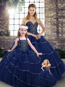Elegant Sleeveless Beading and Ruffled Layers Lace Up Quinceanera Gown with Navy Blue Brush Train