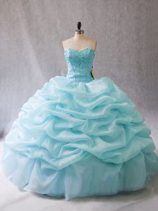 Super Aqua Blue Ball Gowns Sweetheart Sleeveless Organza Floor Length Lace Up Beading and Pick Ups Ball Gown Prom Dress