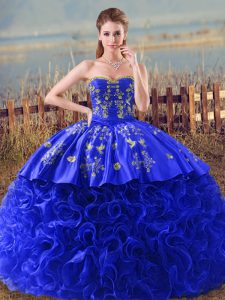 Sophisticated Royal Blue Sleeveless Embroidery and Ruffles Lace Up Ball Gown Prom Dress