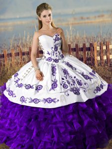 High Class White And Purple Sweetheart Neckline Embroidery and Ruffles Sweet 16 Quinceanera Dress Sleeveless Lace Up