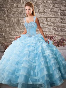 New Arrival Sleeveless Court Train Lace Up Beading and Ruffled Layers Quinceanera Gown