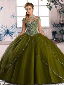 Best Olive Green Lace Up Quinceanera Dresses Beading Cap Sleeves Brush Train