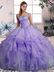 Wonderful Off The Shoulder Sleeveless Lace Up Quince Ball Gowns Lavender Organza