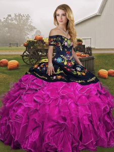 Beautiful Fuchsia Sleeveless Organza Lace Up Quince Ball Gowns for Military Ball and Sweet 16 and Quinceanera