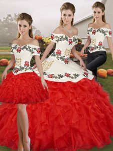 Traditional White And Red Organza Lace Up Sweet 16 Dresses Sleeveless Floor Length Embroidery and Ruffles