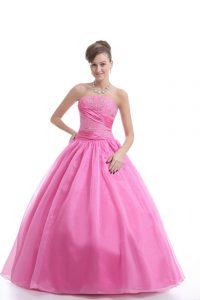 Lovely Floor Length Rose Pink Sweet 16 Dress Strapless Sleeveless Lace Up