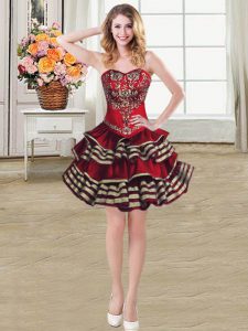 Burgundy Ball Gowns Embroidery and Ruffled Layers Dress for Prom Lace Up Taffeta Sleeveless Mini Length