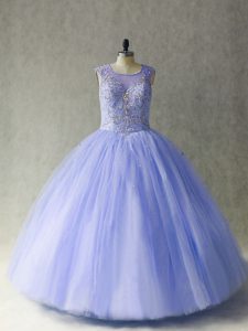 Lavender Ball Gowns Scoop Sleeveless Tulle Lace Up Beading 15th Birthday Dress