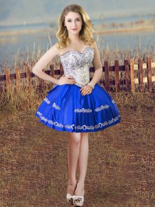 Spectacular Blue And White Lace Up Sweetheart Embroidery Dress for Prom Satin Sleeveless