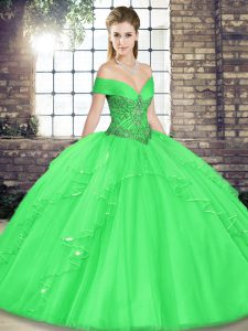 Off The Shoulder Sleeveless Ball Gown Prom Dress Floor Length Beading and Ruffles Green Tulle