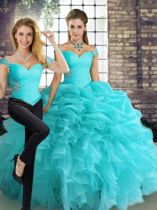 Flirting Floor Length Aqua Blue 15th Birthday Dress Off The Shoulder Sleeveless Lace Up