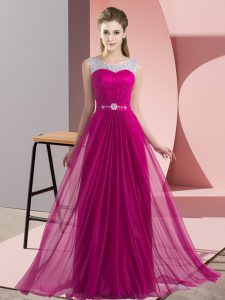 Pretty Sleeveless Chiffon Floor Length Lace Up Court Dresses for Sweet 16 in Fuchsia with Beading