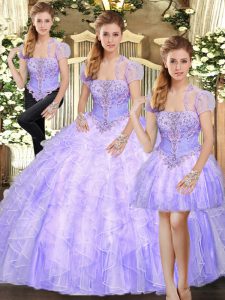 Superior Strapless Sleeveless Quinceanera Gown Floor Length Beading and Appliques and Ruffles Lavender Tulle