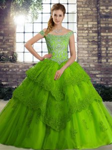 Flirting Green Sleeveless Brush Train Beading and Lace Sweet 16 Dresses