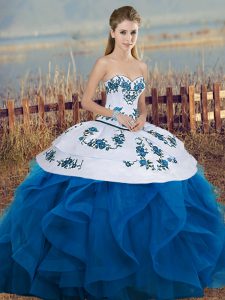 Pretty Floor Length Blue And White Sweet 16 Dress Tulle Sleeveless Embroidery and Ruffles and Bowknot