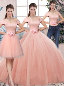 Graceful Floor Length Pink Sweet 16 Dresses Tulle Short Sleeves Lace and Hand Made Flower