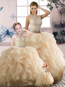 Wonderful Sleeveless Tulle Floor Length Zipper 15 Quinceanera Dress in Champagne with Beading and Ruffles