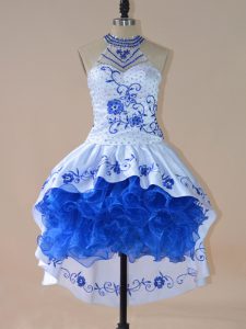Eye-catching Sleeveless High Low Embroidery and Ruffles Lace Up Prom Dresses with Royal Blue