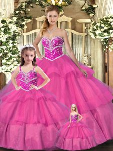 Hot Pink Ball Gowns Organza Sweetheart Sleeveless Beading Floor Length Lace Up Sweet 16 Quinceanera Dress