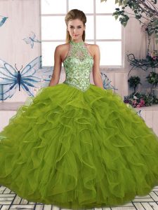 High End Olive Green Lace Up Quinceanera Dress Beading and Ruffles Sleeveless Floor Length