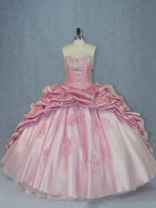 Cute Beading and Appliques and Pick Ups Sweet 16 Quinceanera Dress Pink Lace Up Sleeveless Brush Train