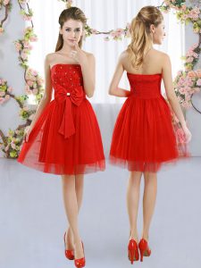 Artistic Red Dama Dress Wedding Party with Beading and Bowknot Strapless Sleeveless Side Zipper