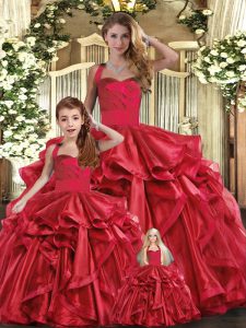 Suitable Floor Length Red Sweet 16 Quinceanera Dress Organza Sleeveless Ruffles