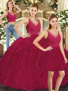 Floor Length Lace Up Quinceanera Gown Red for Sweet 16 and Quinceanera with Ruffles