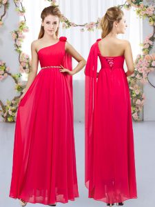 Most Popular Red Sleeveless Beading and Hand Made Flower Floor Length Dama Dress
