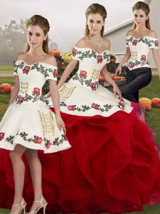 Off The Shoulder Sleeveless Vestidos de Quinceanera Floor Length Embroidery and Ruffles White And Red Tulle