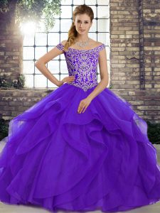 Purple Tulle Lace Up 15th Birthday Dress Sleeveless Brush Train Beading and Ruffles