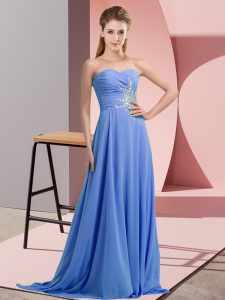 Unique Sweetheart Sleeveless Dress for Prom Floor Length Beading and Ruching Blue Chiffon