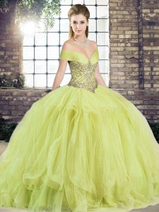 Comfortable Sleeveless Tulle Floor Length Lace Up Sweet 16 Dress in Yellow Green with Beading and Ruffles