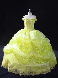 High End Yellow Green Lace Up Off The Shoulder Lace and Sequins Sweet 16 Dresses Organza Sleeveless
