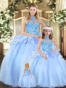 Ball Gowns Quinceanera Dress Blue Halter Top Organza Sleeveless Floor Length Lace Up