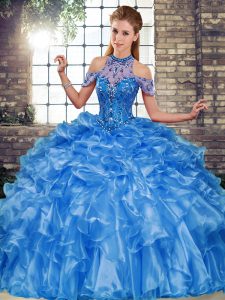 Classical Blue Organza Lace Up Quinceanera Gown Sleeveless Floor Length Beading and Ruffles