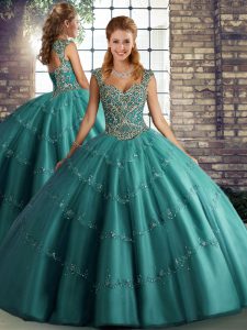 Customized Tulle Straps Sleeveless Lace Up Beading and Appliques Quince Ball Gowns in Teal
