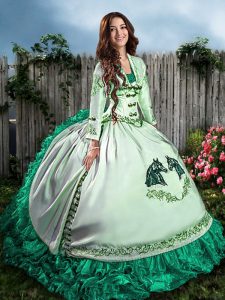 Custom Fit Sleeveless Floor Length Embroidery and Ruffles Lace Up Sweet 16 Quinceanera Dress with Turquoise