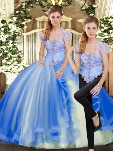 Dynamic Strapless Sleeveless Quinceanera Gowns Floor Length Beading and Ruffles Blue Tulle