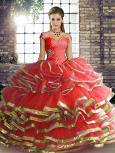 Cute Coral Red 15th Birthday Dress Military Ball and Sweet 16 and Quinceanera with Beading and Ruffled Layers Off The Shoulder Sleeveless Lace Up